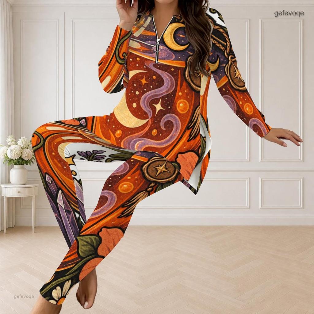 Women Plus Size White Halloween Ghost Printed Two Piece Set Half Zip Long Sleeve Top And Fitted Pants