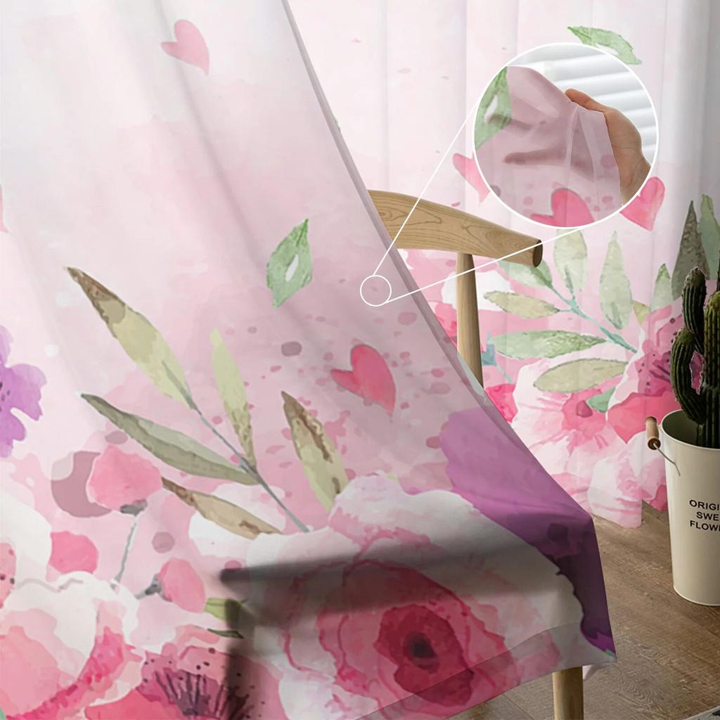 Walentynki akwarela kwiaty miłość zielone liście przezroczysta zasłona okienna tiulowe zasłony do salonu Home Decor woalowe zasłony