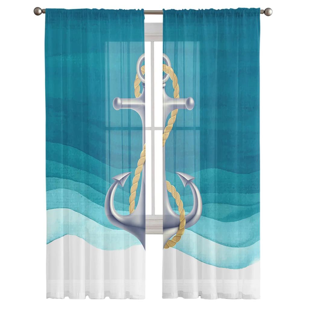 Ocean Gradient Anchor Teal Sheer Curtains For Living Room Bedroom Tulle Curtain For Kitchen Voile Curtain Blind Panels