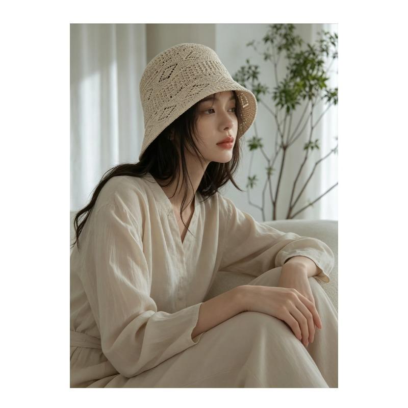 Women S Knitted Hollow Bucket Hat Summer Breathable Sun Shade Hat