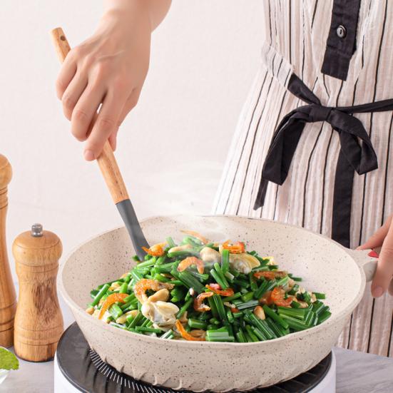 12Pcs Silicone Kitchenware Set Turner Spatula Spoon Non-Stick Heat Resistant Cooking Utensils with Wooden Handles Storage Bucket