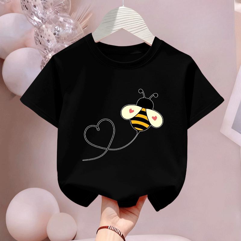 Kids Crewneck Tee, Fun Cartoon Bee Print Short Sleeve Top for Home Outing Vacation