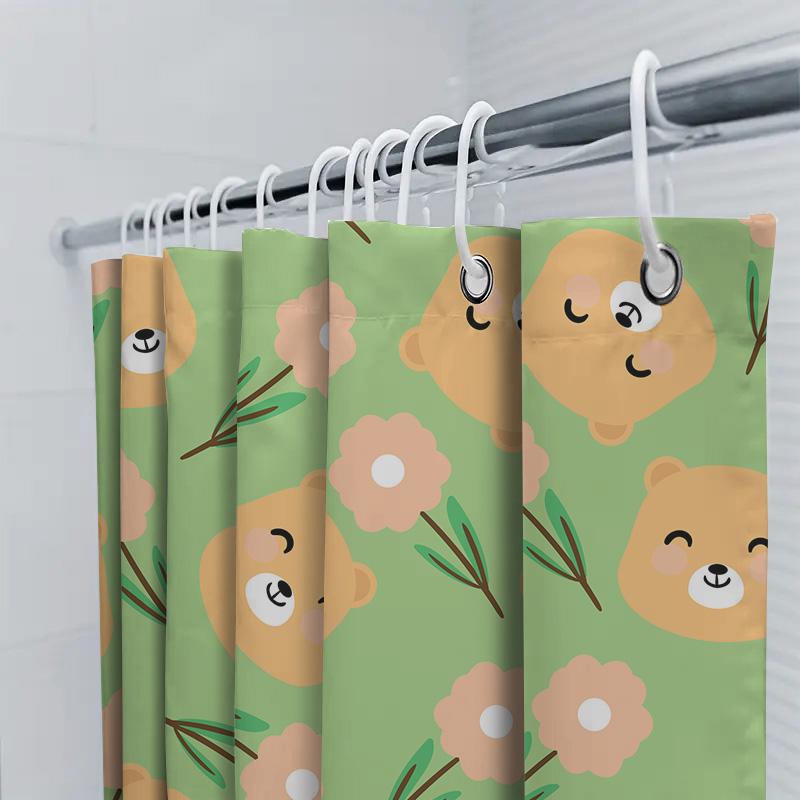 Green Shower Curtain With Cute Animal Print For Bathroom Decor Unisex Home Textile Accessories In Pink Floral Design