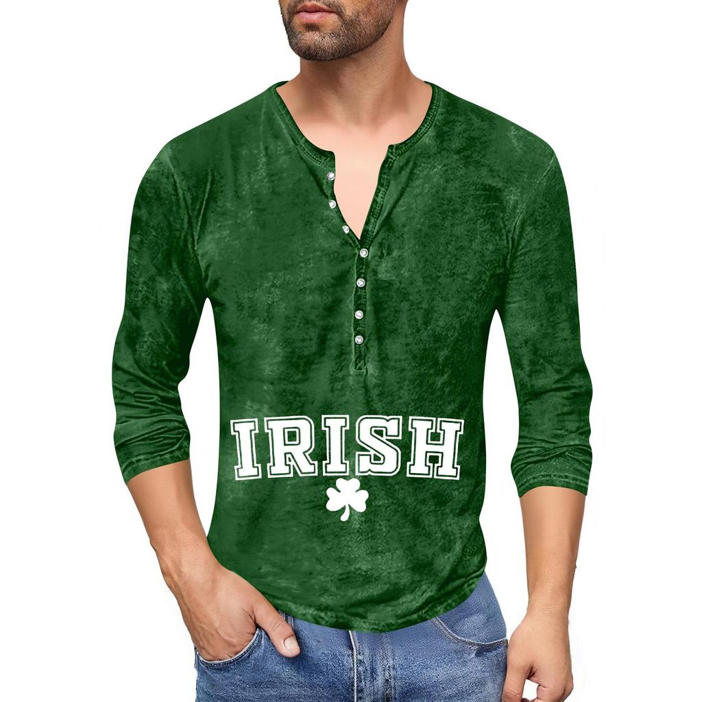 Men'S Printed T-Shirt Outdoor Retro Button Loose Long Sleeve Top