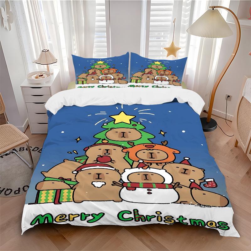 3pcs Christmas Capybara Bedding Set - 1 Duvet Cover + 2 Pillowcases(Core Not Included), Machine Washable Polyester yy251216160