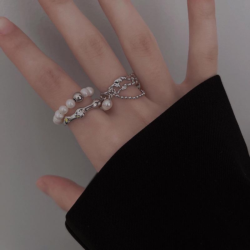 Trendy Retro Pearl Tassel Open Ring for Women