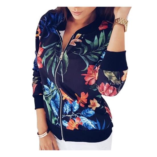 Plus Size Flower Leaves Print Sports Women Long Sleeve Baseball Jacket Zip Coat
