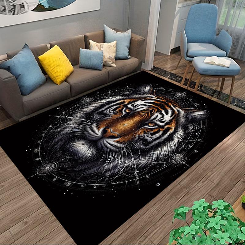 Tiger Face Carpet with Geometric Cosmic Pattern, Black Background Suitable for use as an anti-slip for living room bedroom sofas