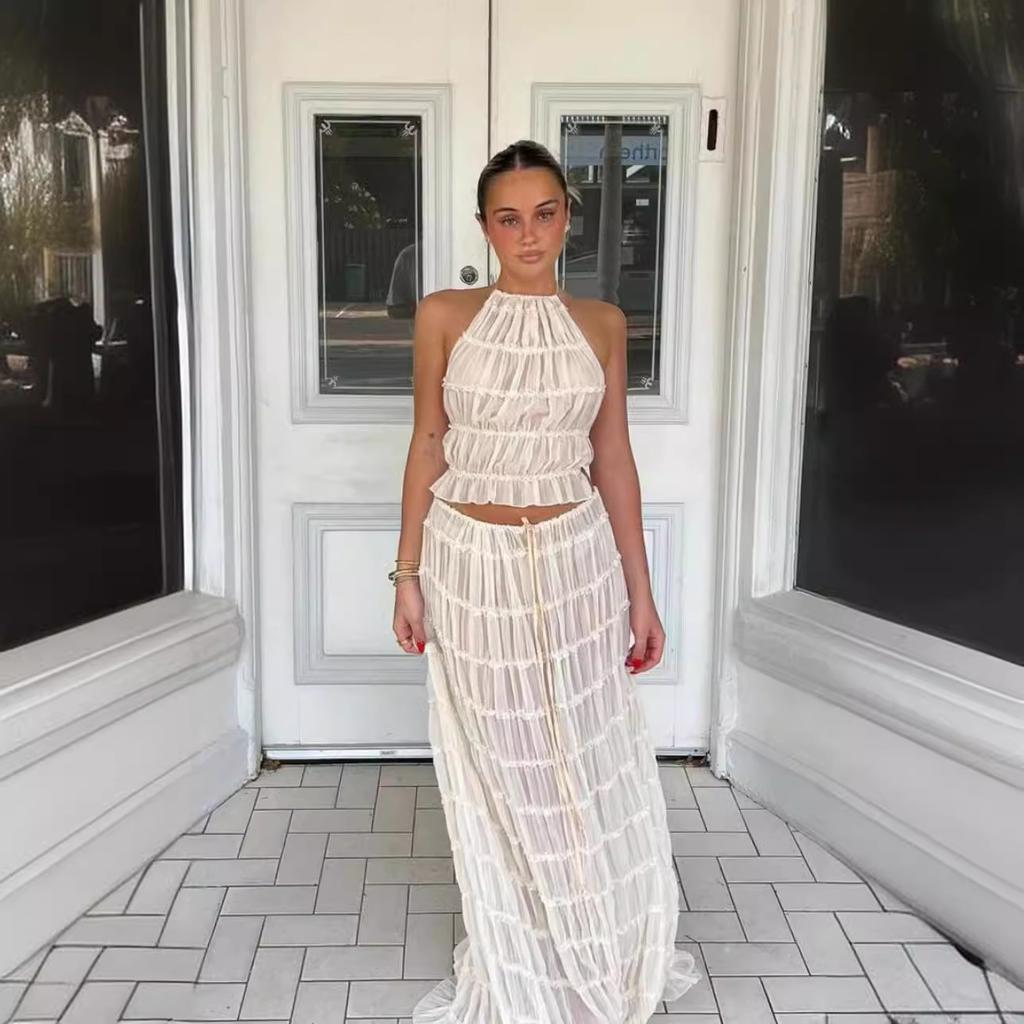 Fashion Halter Neck Long Skirt Suit Women Backless Sling Lace Up Fold Maxi Skirts Summer Female Two Piece Set Outfits