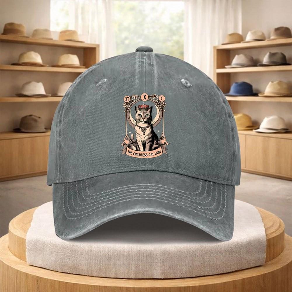 Childless Cat Lady Tarot Graphic Baseball Cap Vintage Washed Denim Adjustable Hat for Unisex
