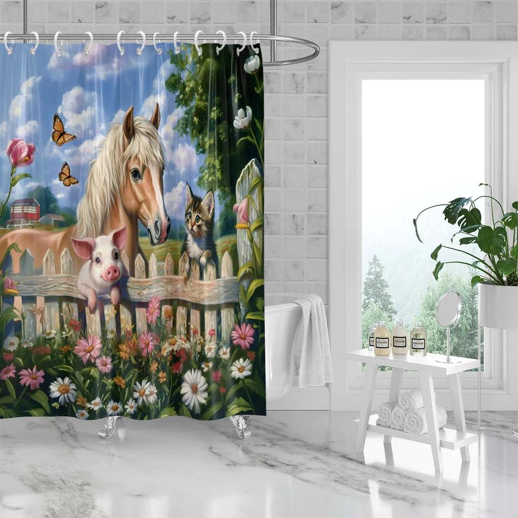 1PC Farm Animals Pattern Printed Shower Curtain, Rural Life Themed, Waterproof, with 12 Hooks, Bathroom Showers, Home Use