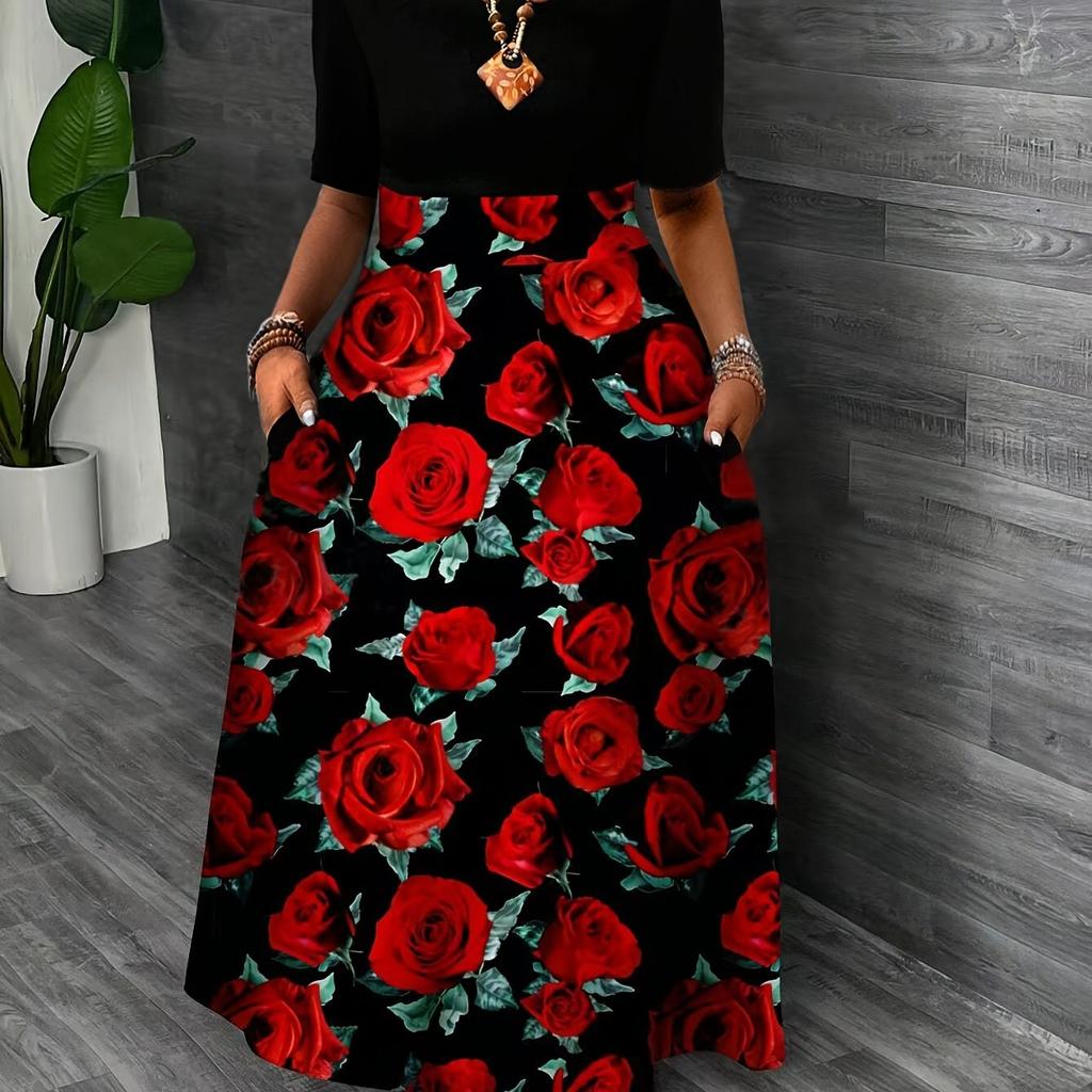 Elegante abito lungo floreale alla moda con scollo rotondo, maniche corte e contrasto