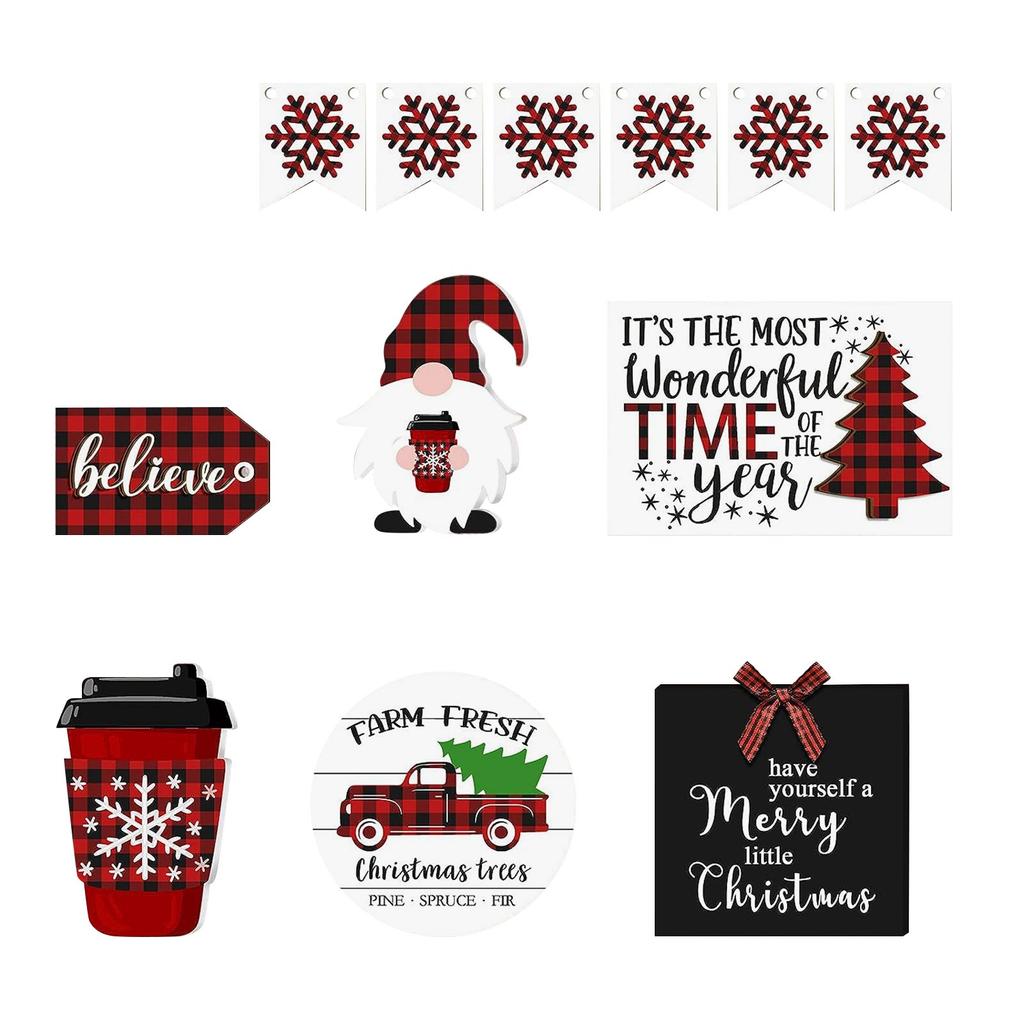 Christmas Decoration For Tiered Tray Christmas Table Sign Decor Tabletop Wooden Indoor Winter Farm-house Home Party House Shelf Decoratio