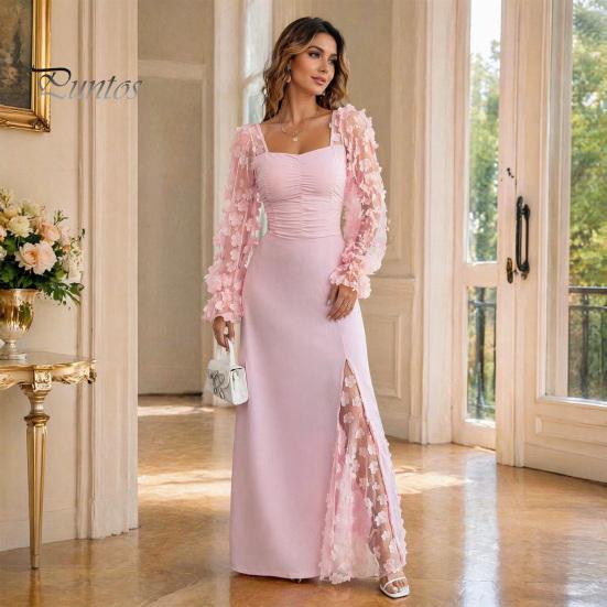 Summer Maxi Dress Flower Lace Sleeve Long for Women, Square Neck Ruffle A-Line Slim Waist Dress, Solid Color Party Soft Women