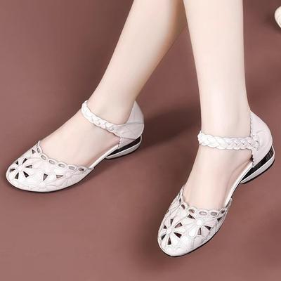 Rundkopfige Weichsohlige Mutterschuhe, Ausgeschnittene Sandalen für Frühling, Sommer und Herbst 2024, Einriemen Ausgeschnittene Leder Damenschuhe