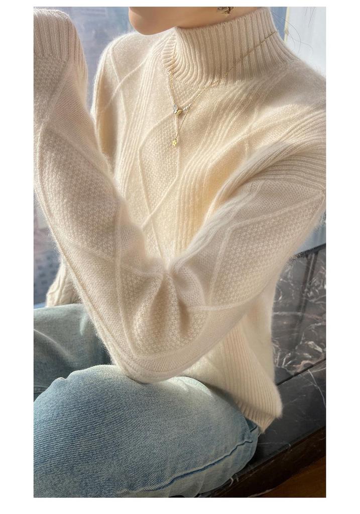 100% Pure Wool Women's Diamond Pattern Half-High Neck Sweater