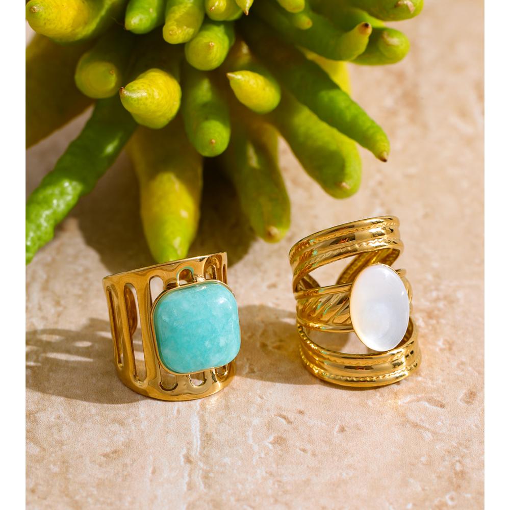 Eetit Inel Lat din Piatră Naturală Amazonit Shell pentru Femei Oțel Inoxidabil Placat cu Aur de 18K Bijuterii Geometrice de Deget Cadou