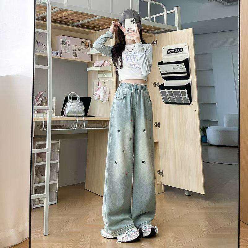 2026 Plus Size Women's Star Embroidered Denim Wide Leg Pants - Slimming, High Waist, Elastic, Loose Fit, Comfortable