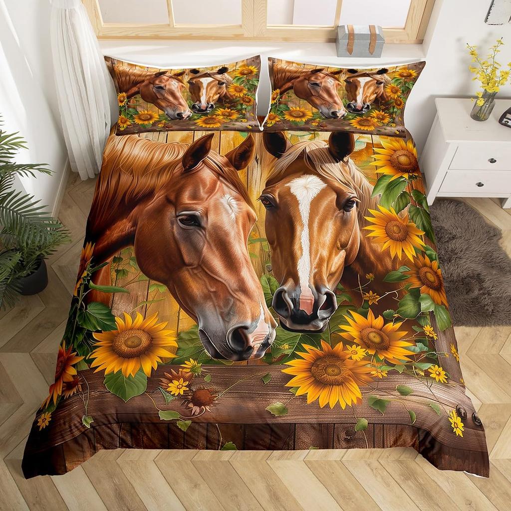 Horse Duvet Cover Western Cowboy Farmhouse Animal Bedding Set Soft Sunflower Floral Comforter Cover Twin Queen For Boys Girls