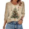 Women's Fashion Casual 3/4 Christmas Print Color Shirt Women's Round Neck Tops