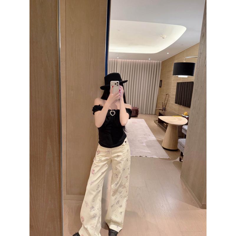 Spring/Summer Trendy Women s High-Waisted Butterfly Print Straight-Leg Jeans L