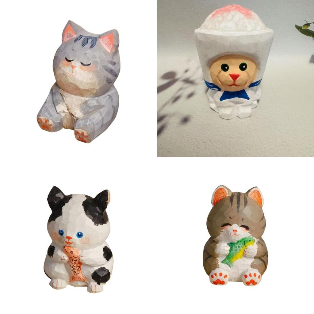 Wooden Lucky Cat Craft Decor With Cute Design For Home Office And Car Interior