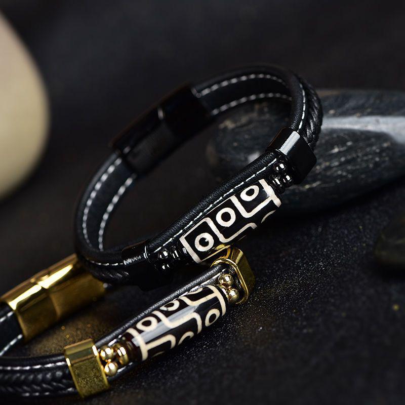 Handmade Black Gold Leather Bracelet with Tibetan Nine-Eyed Dzi Bead - Retro Ethnic Style for Men