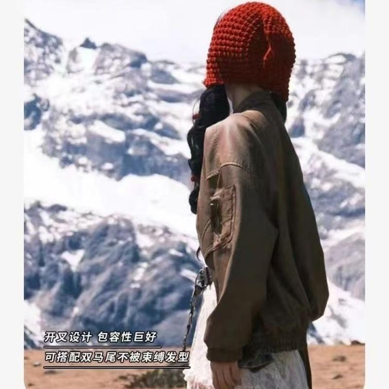Fashion West Sichuan Travel Red Hollow Knitted Baotou Hat Female Face Small Fringed Wool Hat Cover Cold Hat Female