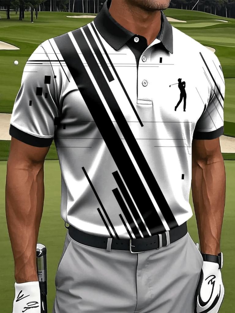 Men's Casual Sports Short-sleeved POLO, Geometric Lines and Golf Pattern Print