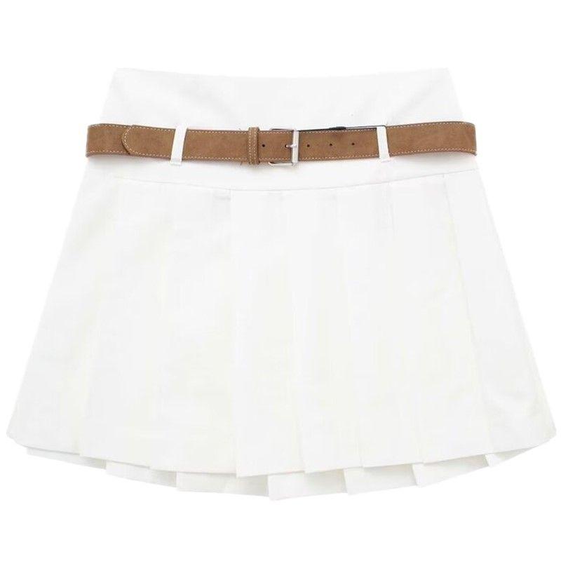 

Fashion Style 2024 Spring New Women s Fashion All-Matching Belt Wide Pleated Mini Skirt 7385406 250 White L