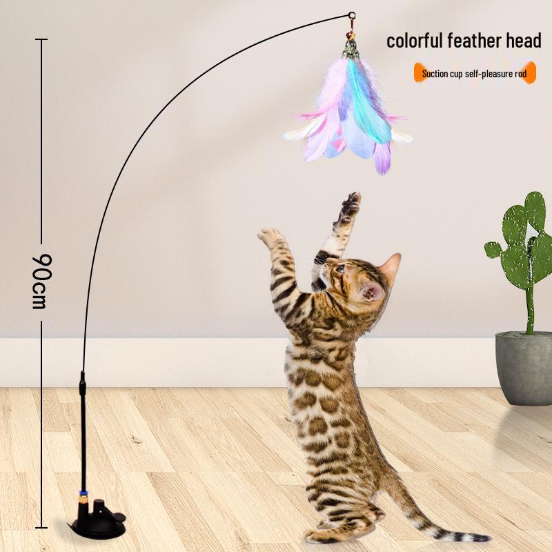 Katzenspielzeug Selbstspiel Teaserstab: Saugknopf, Feder mit Glöckchen, Bissfeste Seidenblume, Langeweile-Abbau für Kätzchen