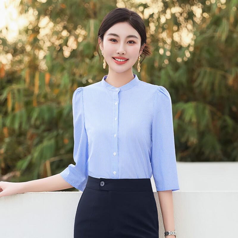 Telo Man Women's Blue Striped 3/4 Sleeve Stand Collar Shirt