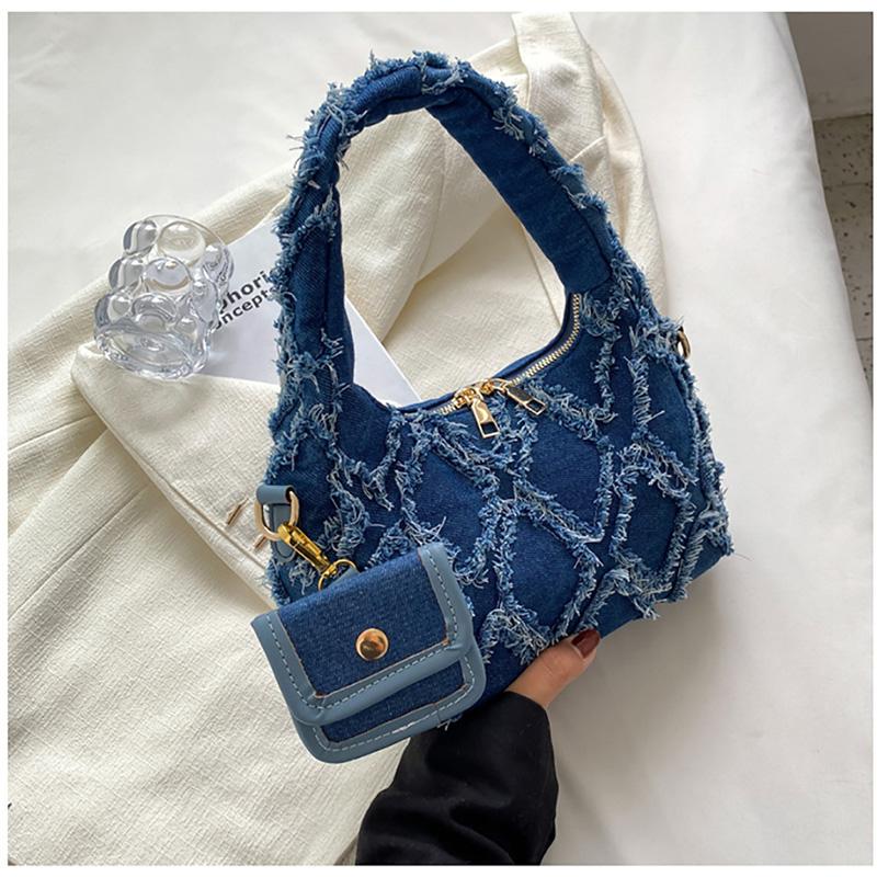 

Сумка из денима в клетку с кисточками, весна-лето, новая французская нишевая маленькая женская сумка для дальних поездок, сумка-мешок подмышкой (20cm<Max Length<30cm)