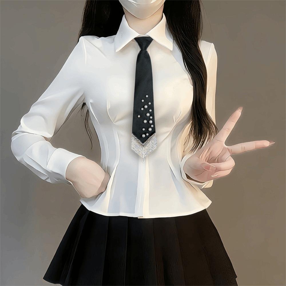 Koreanischer Stil Perlen Krawatte Schwarze Dekoration Hemdkrawatte Mode Handbestickt Lange Krawatte Kinder
