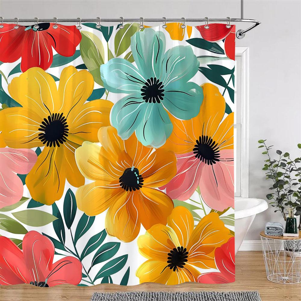 

Тропические растения Цветочная шторка для душа Зеленые пальмовые листья Розовые цветы Полиэстеровая ткань Шторки для душа Декор для ванной комнаты С крючками 120x180cm-47x70in