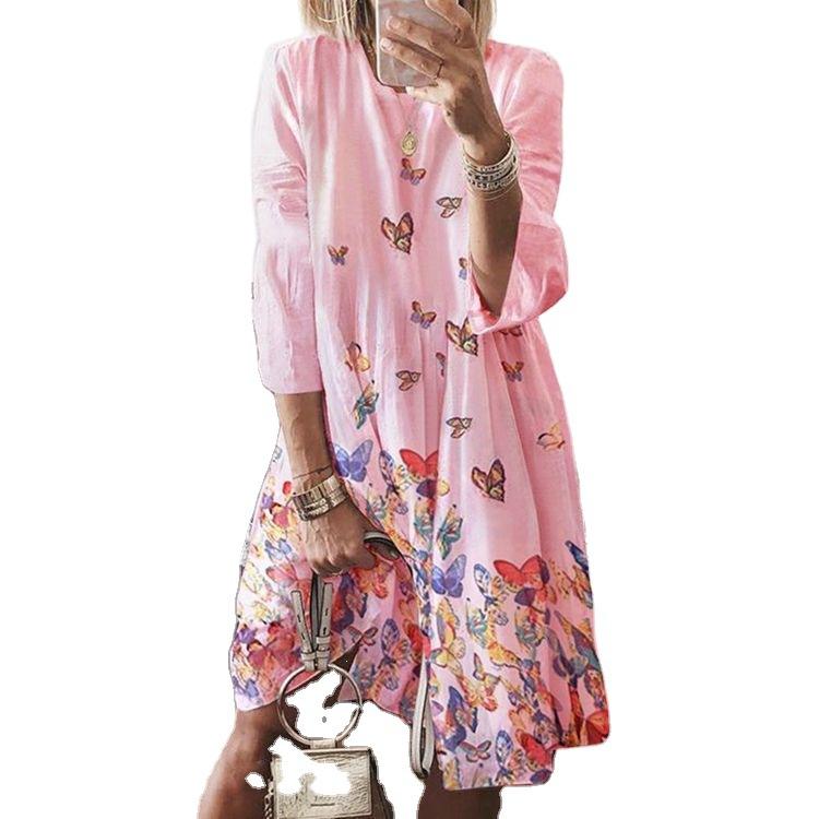 Women's Plus Size Long Dress Round Neck Long Sleeve Midi Dress Loose Flora Printed Dress