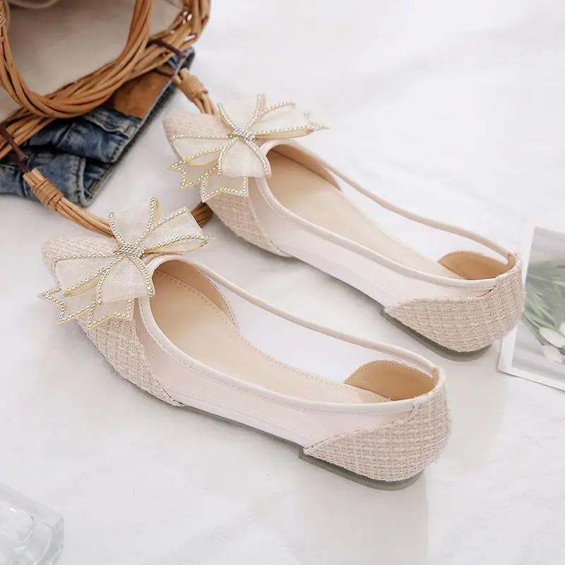 Fashion Shoes for Women French Style Off White Mesh Splicing Luxury Brand Wholesale Lastest Low Price Slip On Chic Point 39 Woman Flats