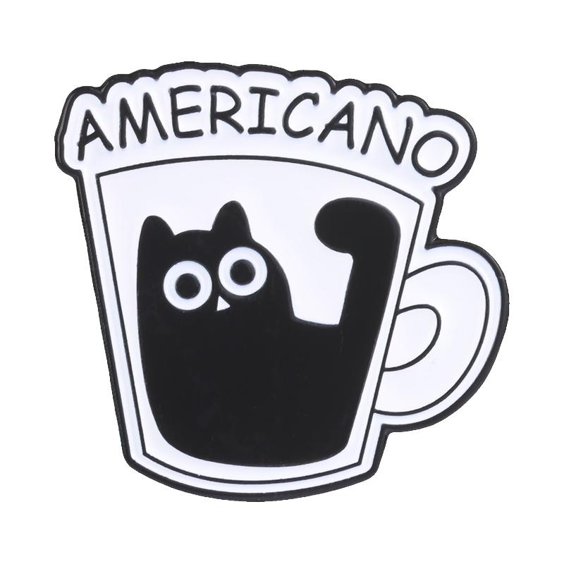 Cute Coffee Cup Cat Enamel Pins Funny Americano Latte Mocha Cappuccino Cartoon Black Kitten Brooches Lapel Badge Jewelry Gifts