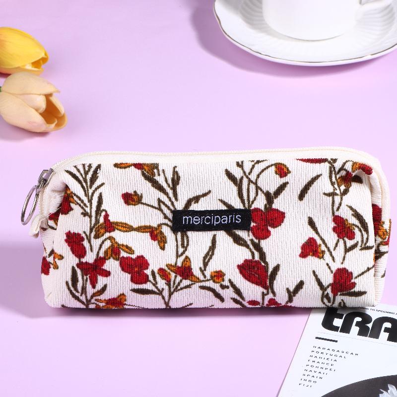 Vintage Corduroy Federmäppchen Retro Blumenmuster Federtasche Große Kapazität Schreibwaren Tasche Für Schüler Büro Make-up Aufbewahrung