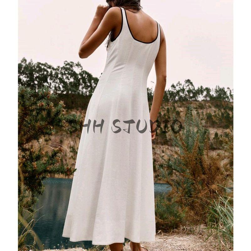 Summer New Product Women's Clothes round Neck A- line Hem Contrast Color Trim Sling Midi Skirt Dress 8214393