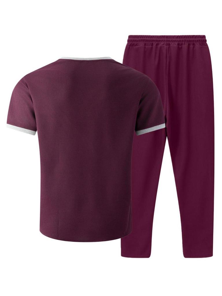 Men's Summer V-neck Waffle T-shirt & Long Pants Streetwear Sports Set