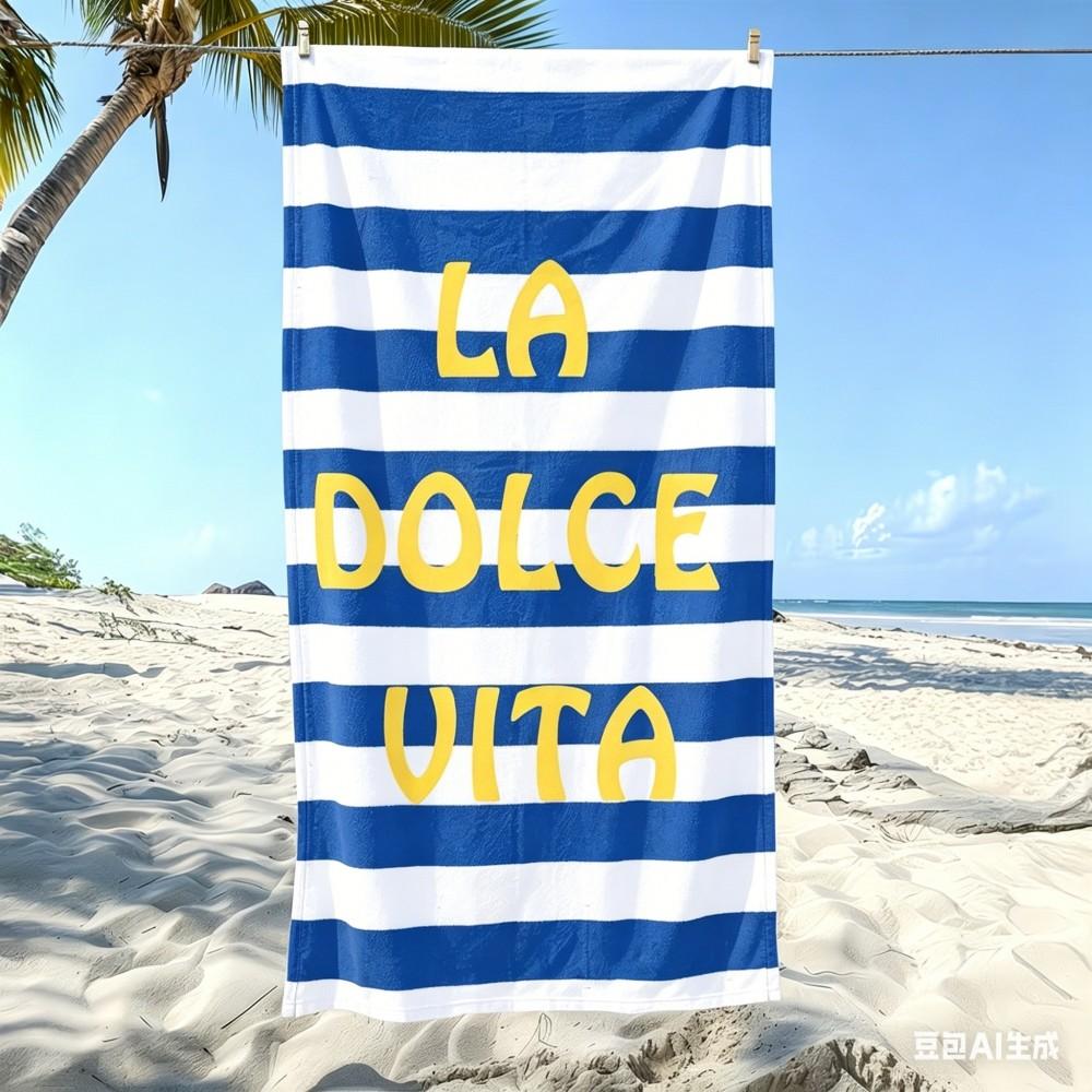 Extra Large Blue Striped Beach Towel, Oversized Microfiber Bath Towels, Aesthetic Italian Quote XL Summer Vacation Travel Towel