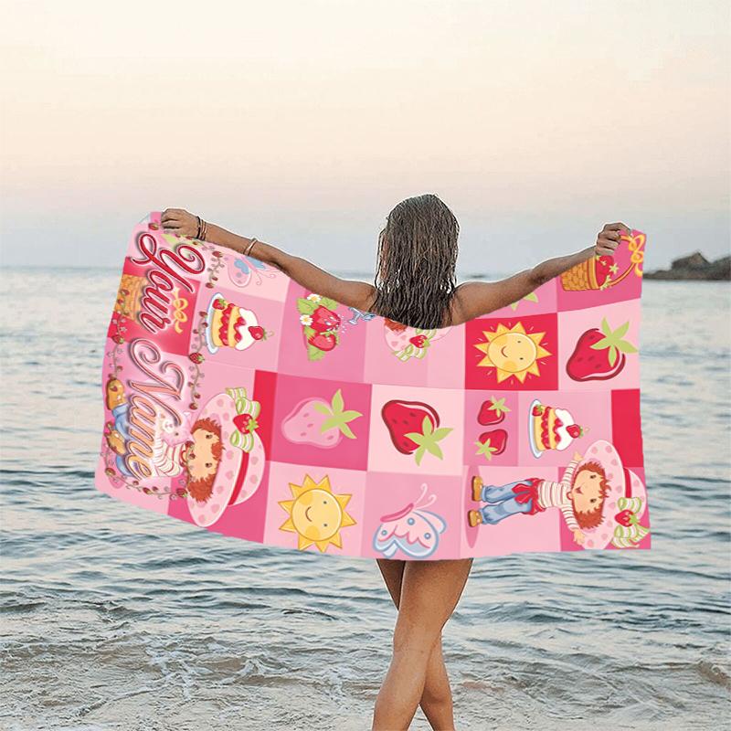 1pc Princess Strawberry Beach Towel with Custom Name, Beach and Seaside Swimming Pool Equipment, Fashion Pattern, Rectangular, Travel Essential