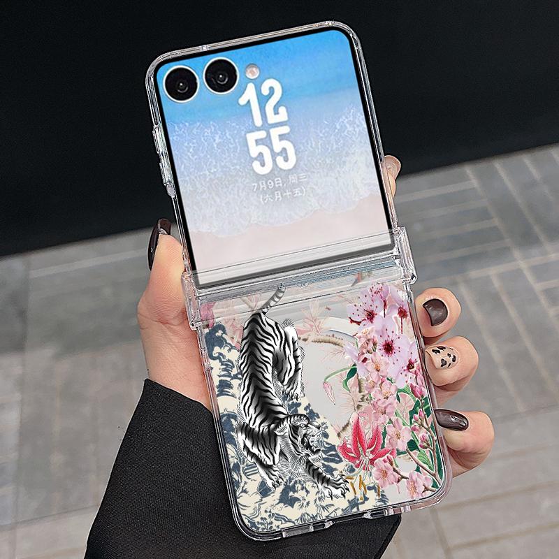 Retro Flowers Black Rose Print Case For Samsung Galaxy Z Flip 8 7 FE 6 5 Z Flip8 Flip7 Flip6 Magnetic Clear Hard PC Folding Phone Cover