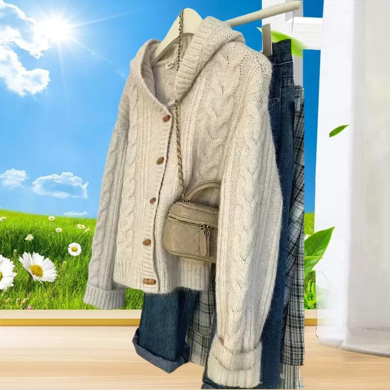 Maillard Heavy Industries horn buckle hooded twist cardigan sweater women's autumn and winter new soft waxy knitted jacket top