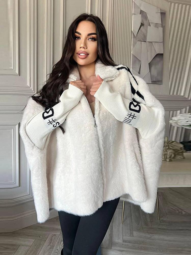 

Women s Hooded Lambhair Spliced Knit Zipper Jacket Ladies Warm Bat Jacket White Black Brown 2025 New Collection S