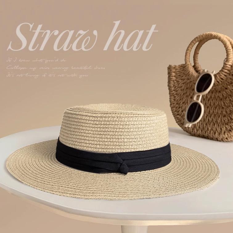 Lace Bow Straw Hat Women's Summer French Large Brim Sunscreen Hat Seaside Beach Vacation Sun Hat