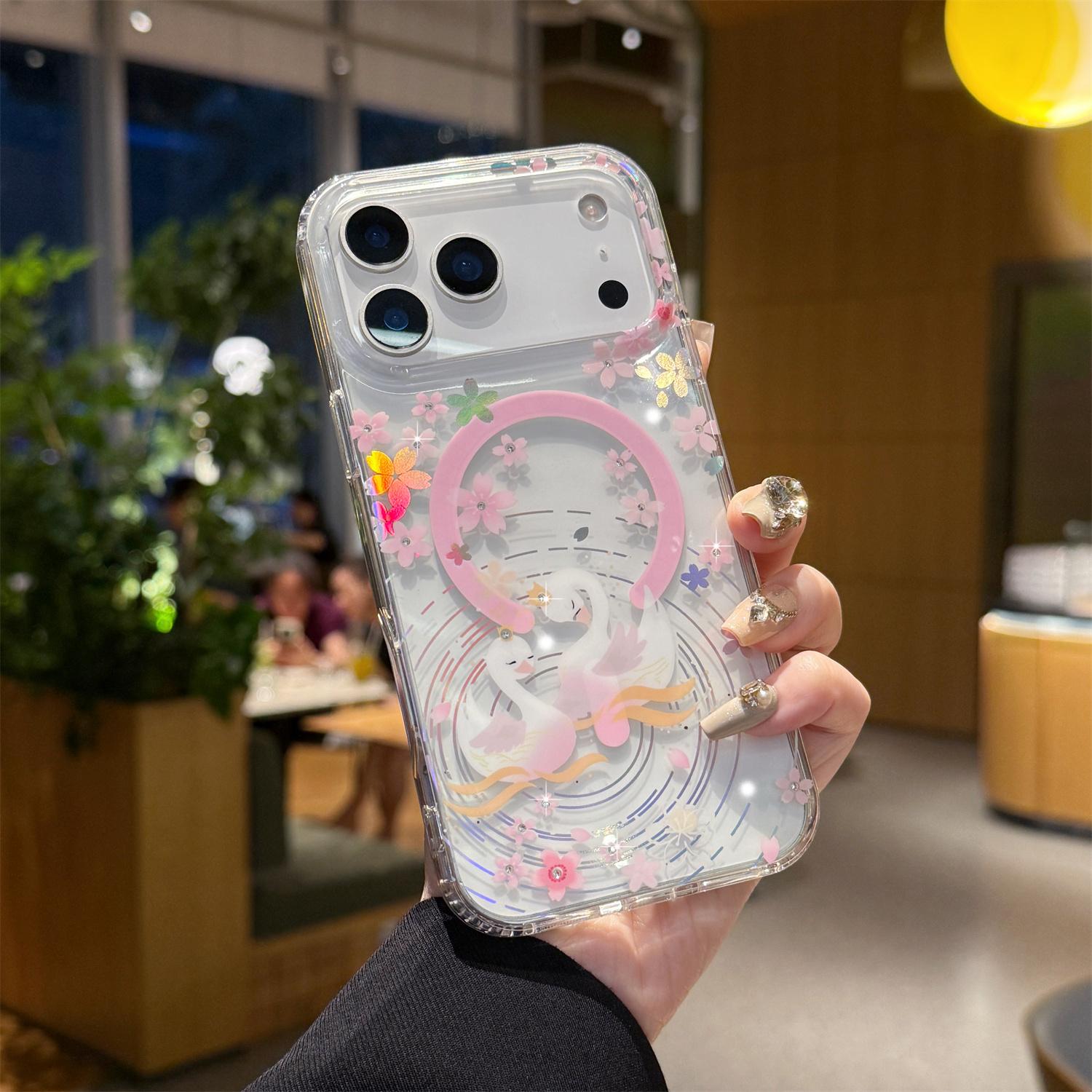 

For iPhone 17 Pro Case Compatible with MagSafe Embedded Rhinestones IMD Pattern TPU PC Phone Back Cover