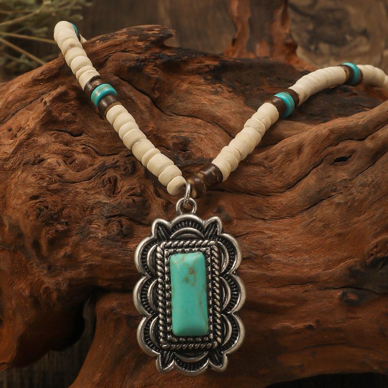 BLINGBAY Kadın Kolye Bohem Retro Etnik Stil Turkuaz Kolye Kişilik Moda Ekleme Ahşap Boncuk Kolye Kız Doğum Günü Hediyesi