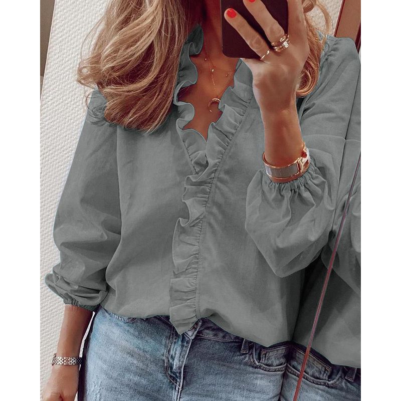 Long-Sleeved Ruffled Shirt for Women Long Sleeves Ruffles V-neck Shirt Shirt